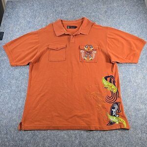 Red Ape Jeans Co Orange Polo Men's 2XL Short Sleeve Tribal Embroidered Wings